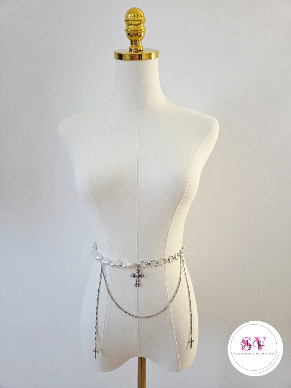 Silver and white chain belt with cross decor